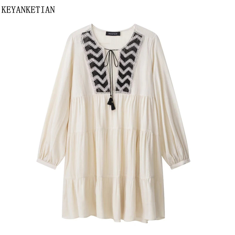 

KEYANKETIAN 2025 Spring/Autumn New Women's Wavy Crochet Patchwork Mini Dress Bohemian style Tassel Lace Up Loose A Line Dresses