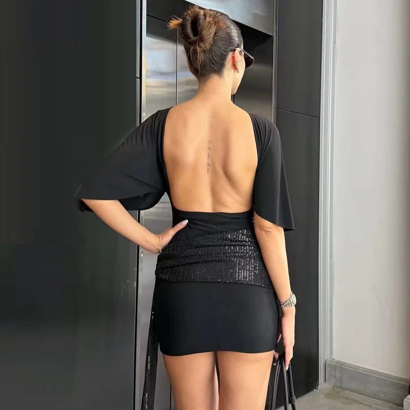 HXAO Women's Summer Dress Mini Sequined Belt Dresses Bodycon Black Pink Vestidos Backless Batwing Short Sleeve Dress Chic Dress