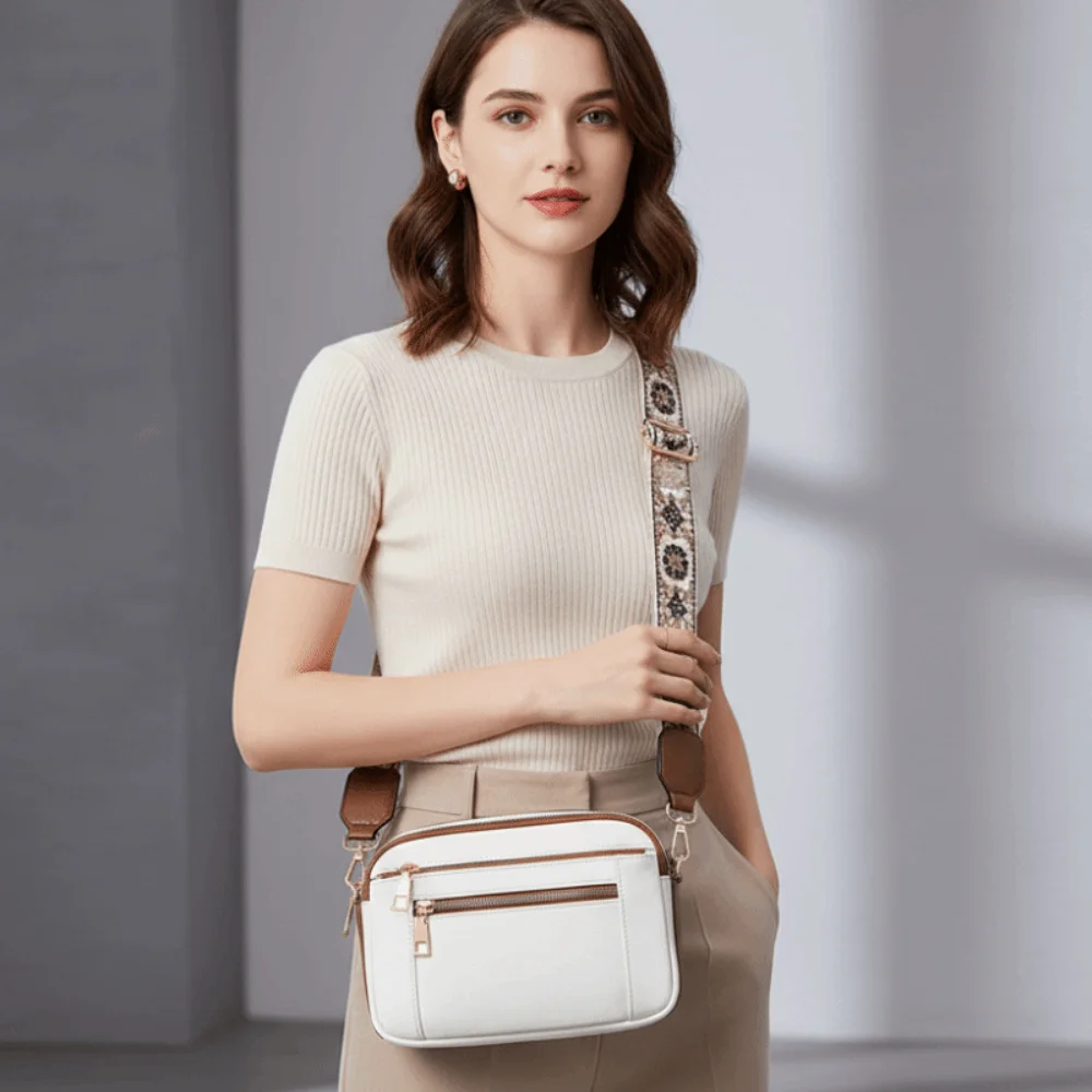 Vegan PU Leather Color Block Handbag Anti-splash Water Triple Compartment Embroidered Shoulder Pack Floral Embroidery Fabric