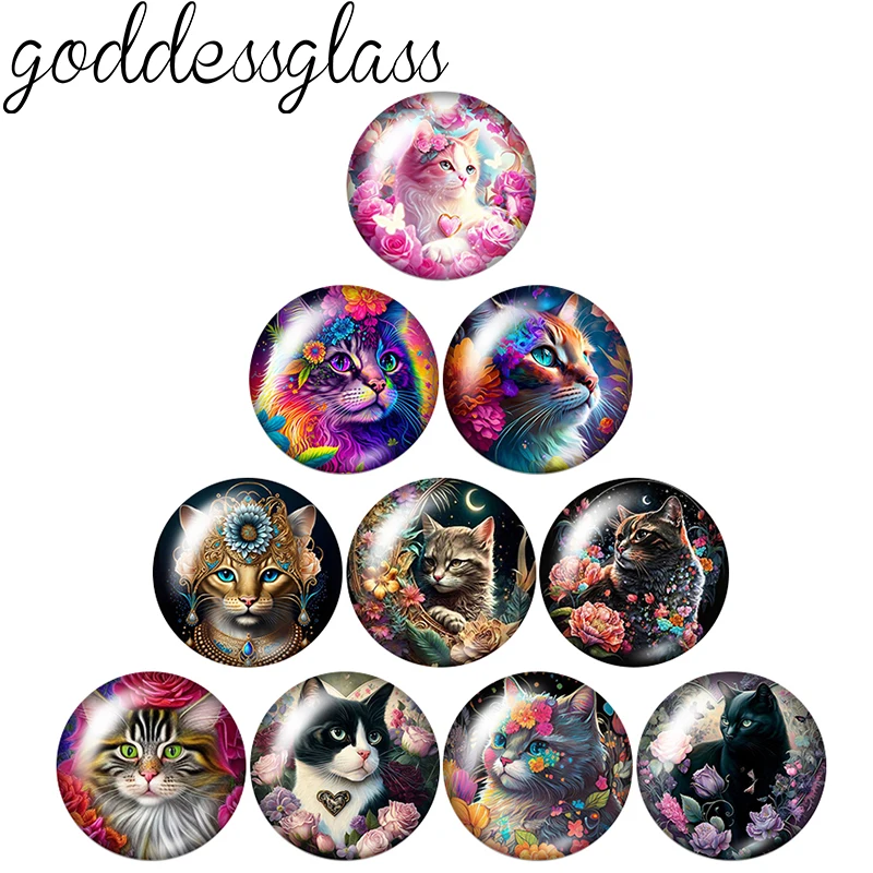 New Cute Cat Lovely cartoon cat 10pcs mix 12mm/18mm/20mm/25mm Round photo glass cabochon demo flat back Making findings