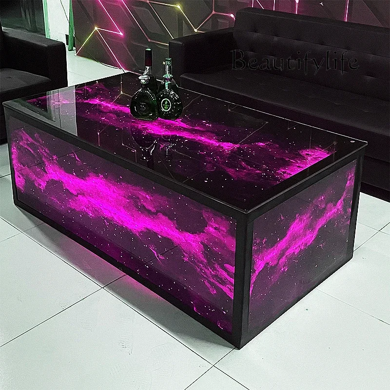 A KTV Coffee Table Table European Wine Bar Counter Card Seat Luminous Desktop Tempered Glass Stainless Steel
