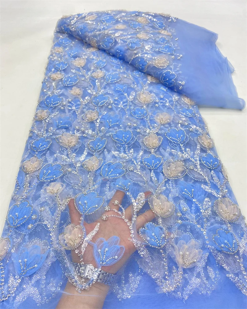 

African Beaded Net Mesh Lace Fabric High Quality Embroidery with Sequins French Tulle for Nigerian Wedding Party Dresses