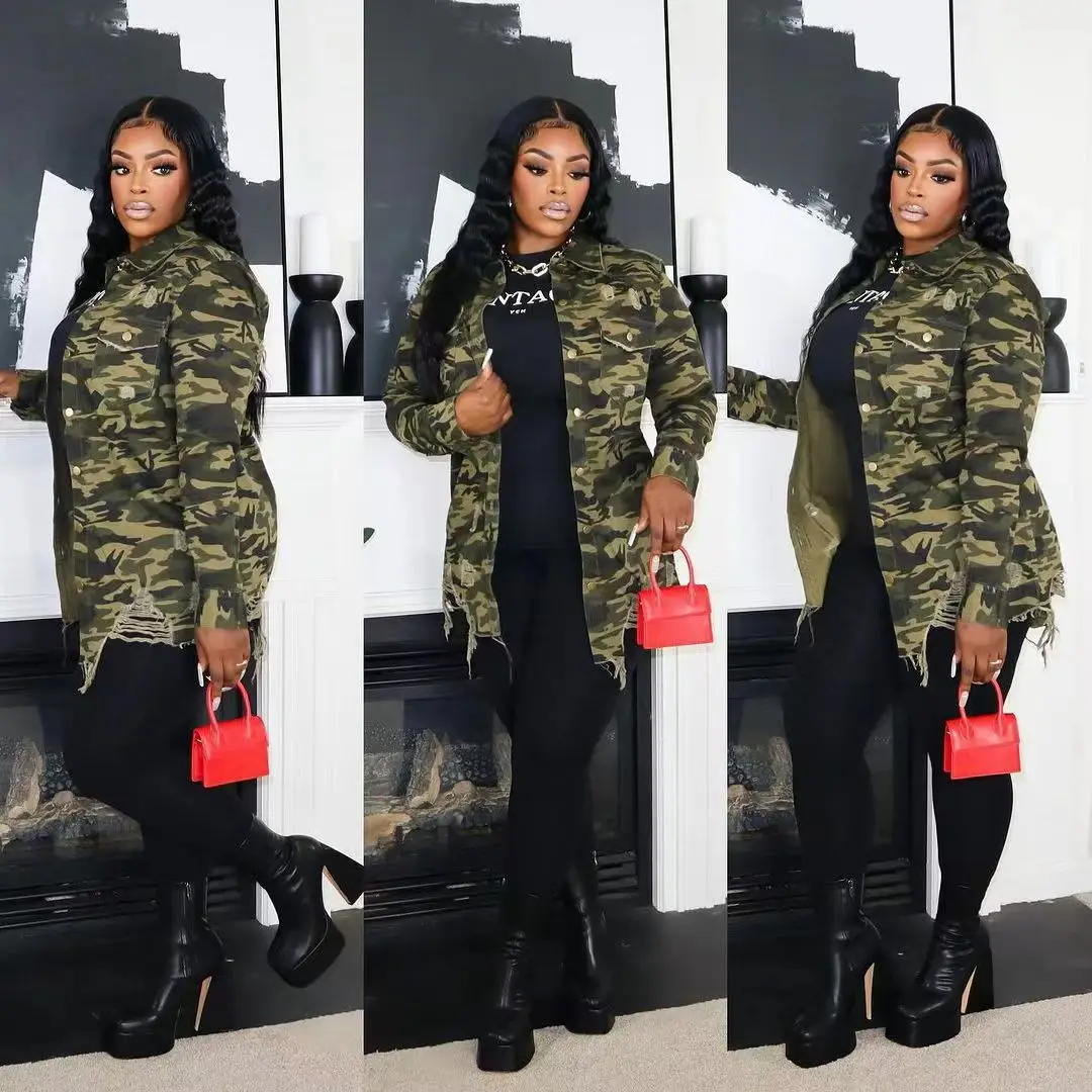 

Women's Fashion Button down Camouflage Distressed Shirt Collar Long Sleeve Top Elegant Commute Casual Versatile Slim Fit Blouse