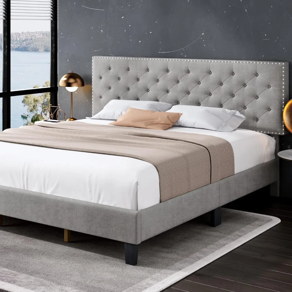 Modern Upholstered Platform Bed with Adjustable Headboard, Heavy Duty Button Tufted with Wood Slat Support, Easy Assembly