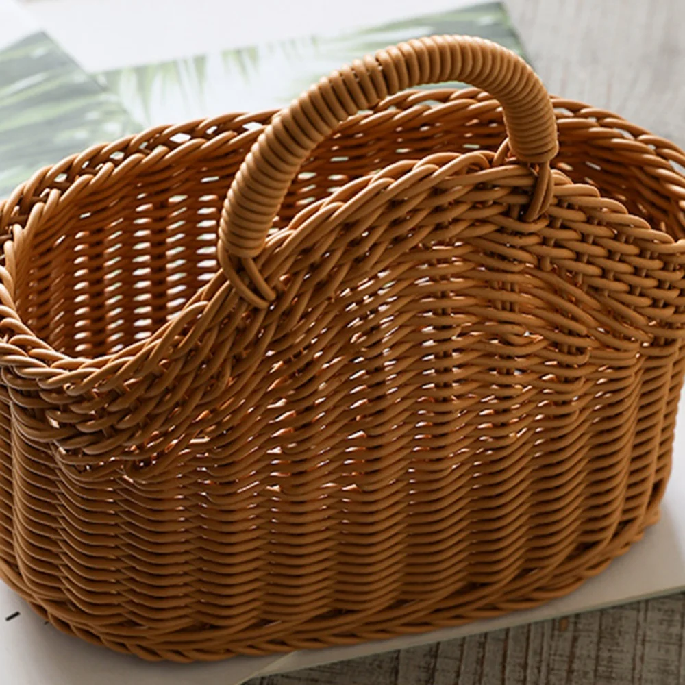 Kitchen Storage Rattan Basket with Handle Woven Hanging Baskets Minimalist Design Living Room Food Fruit Sundries Organizer  ﻿