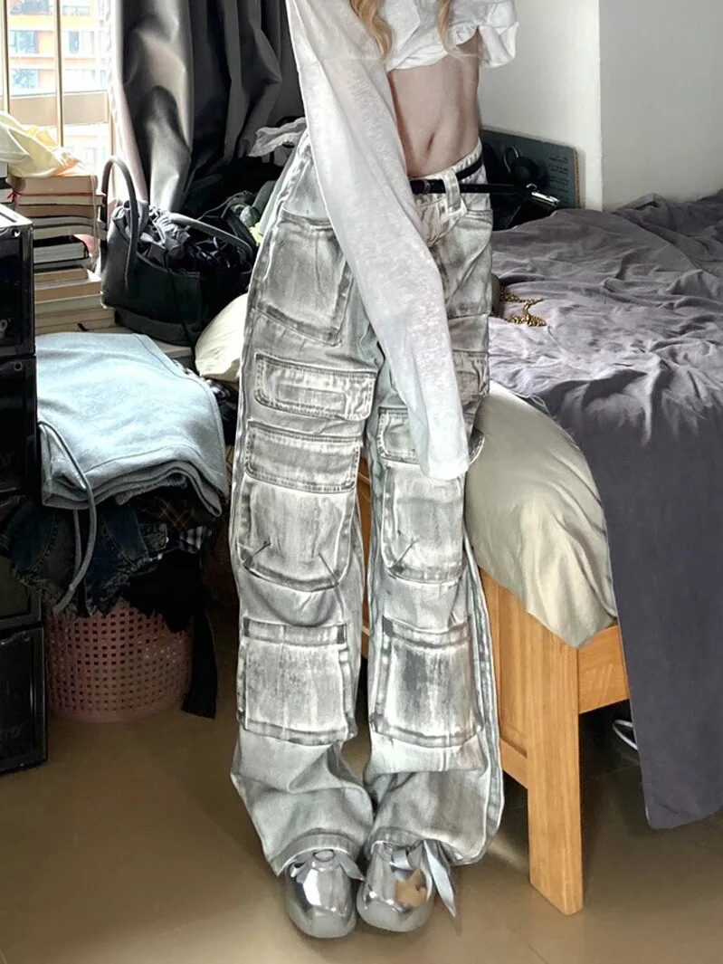 

Американский High Street Design Heavy Du Multi ket Рабочие брюки Мужские летние новые винтажные джинсы Faded Color Dragging l Талия