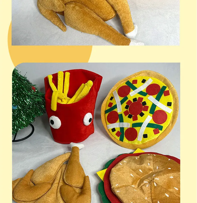 Niedliches, neuartiges Food-Hut-Set, 4-teilig – Hamburger, Pommes Frites, Pizza und Drumstick für Partys, Freizeitkleidung und Geschenke – Detail 13