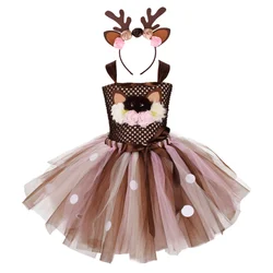 Cartoon Deer Bambi Tutu Dress Christmas Children Mesh Princess Dress Halloween Cosplay Costumes New Year Gift For Girls Cosplay