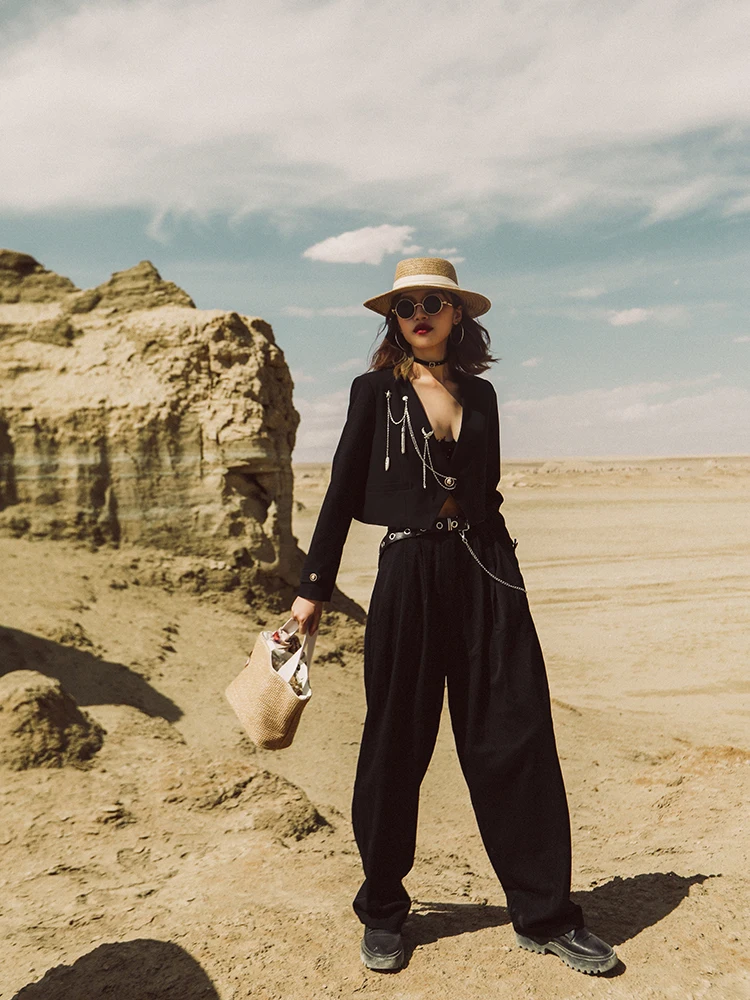 

High Waist Wide Leg Pants Women's Black Straight Cut Suit Pants Spring Autumn Sweet Cool Style Ladies Premium Fashion Trousers