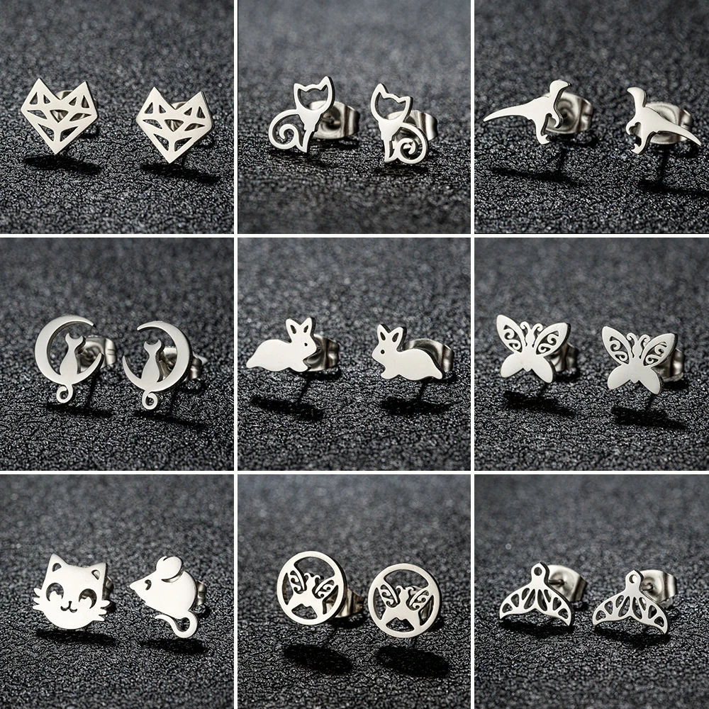 Cute Cat And Mouse Women'S Earring Asymmetry Animal Stainless Steel Stud Earrings For Fashion Jewelry Gift Pendientes Mujer