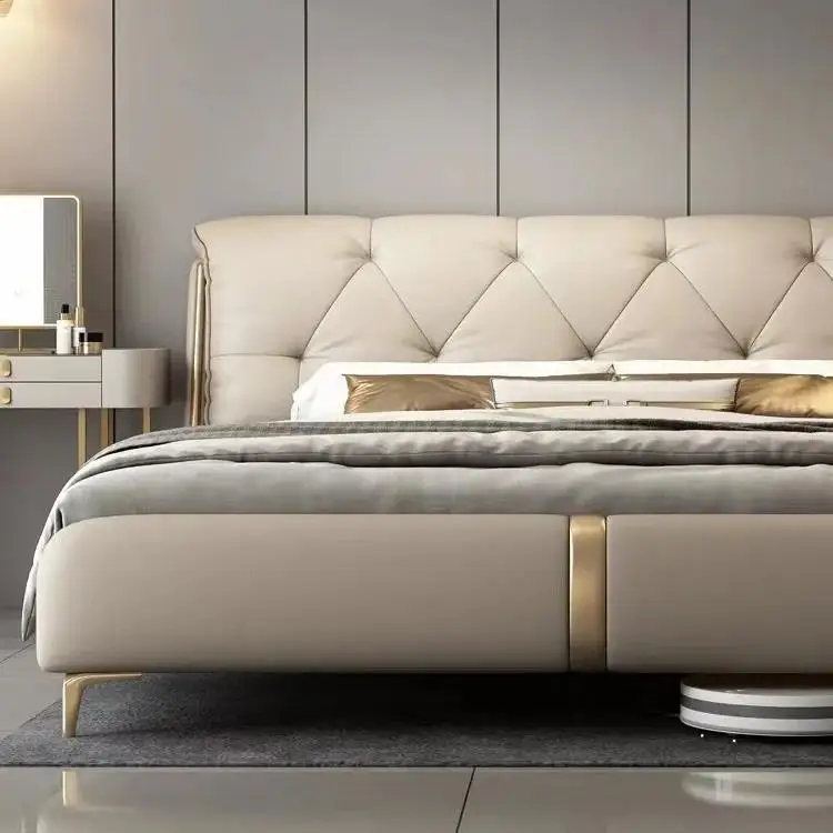 جلد فاخر خفيف، حقيبة ناعمة ومسند ظهر لغرفة النوم الرئيسية وسرير مزدوج لتخزين سرير الزفاف الفاخر