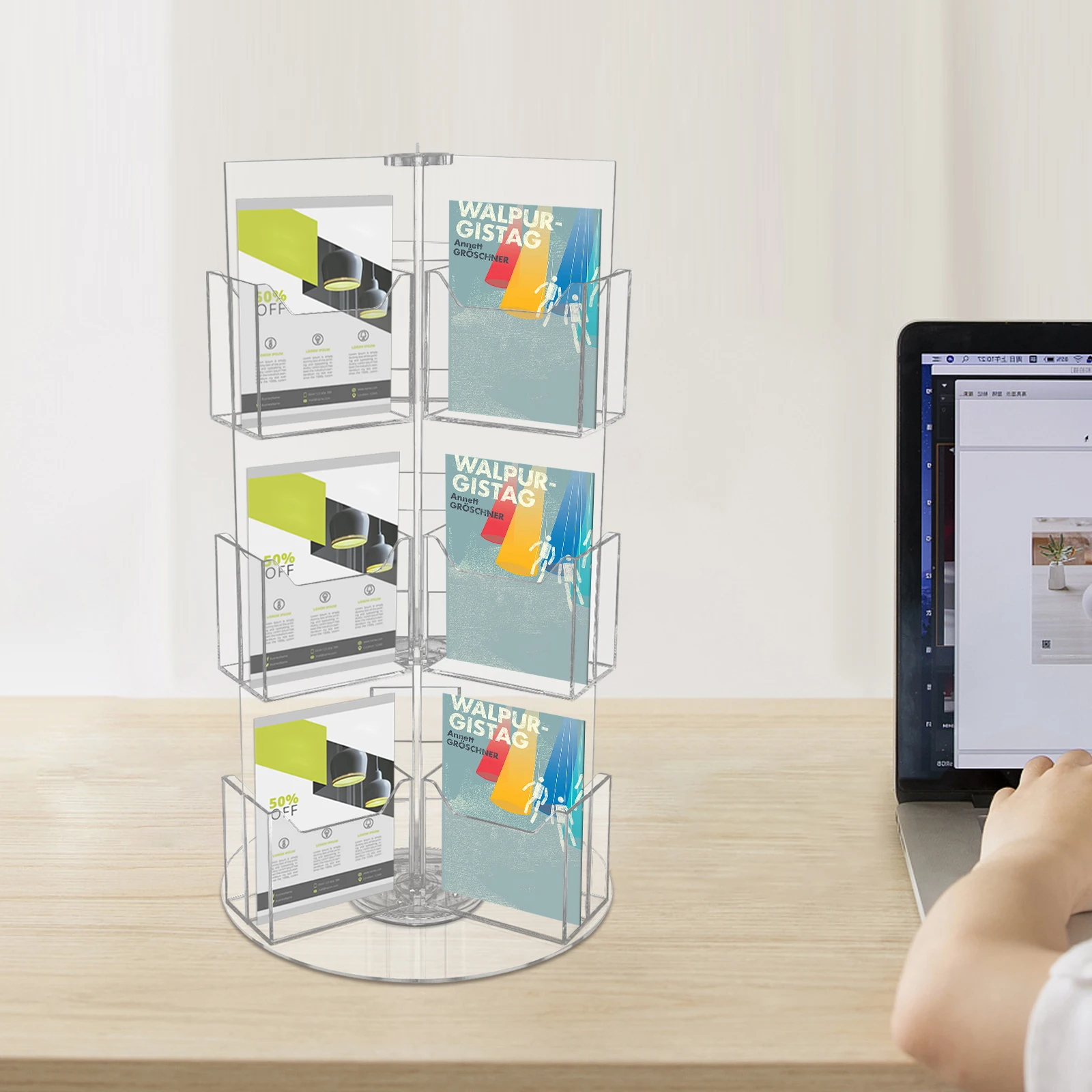 Acrylic Brochure Holder, 3-Tier 18 Pockets, 360° Swivel, Large Capacity, For Office, Store, Display Flyers, Menus