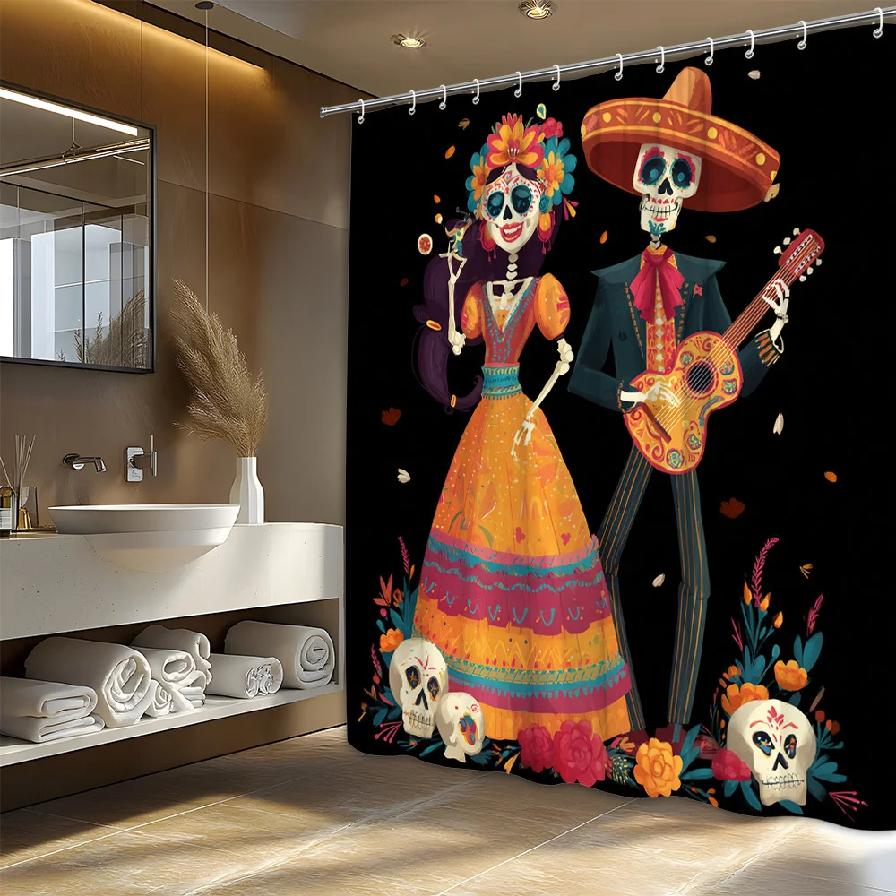 Mexican Day of the Dead Shower Curtain - Large Bathroom Decor with Mariachi Skeletons, Floral skulls