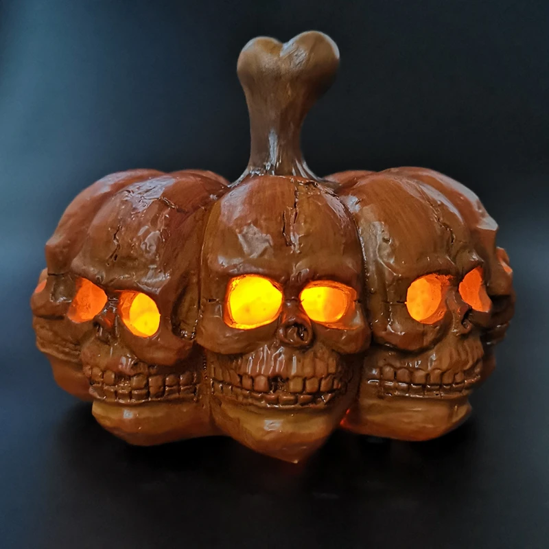 Halloween Resin LED Pumpkin Lantern 8-sided Skull Portable Light Festive Atmosphere Decorative Lamp Desktop Ornaments Decoration