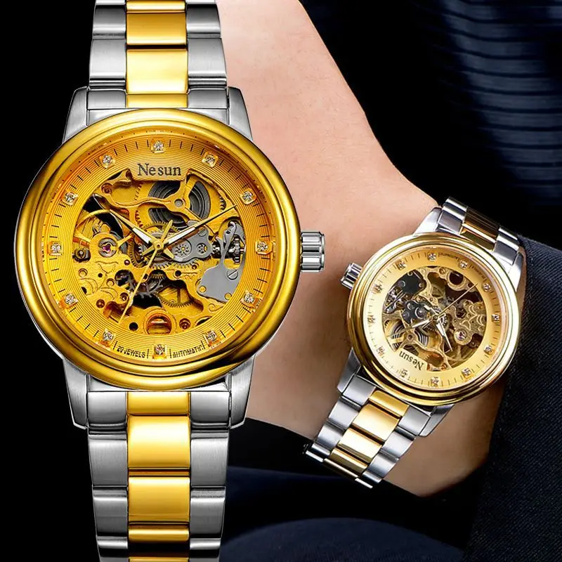 NESUN Men's Automatic Mechanical Watch Switzerland Luxury Dual Skeleton Design Luminous Hands Rhinestone Detail Waterproof N9015