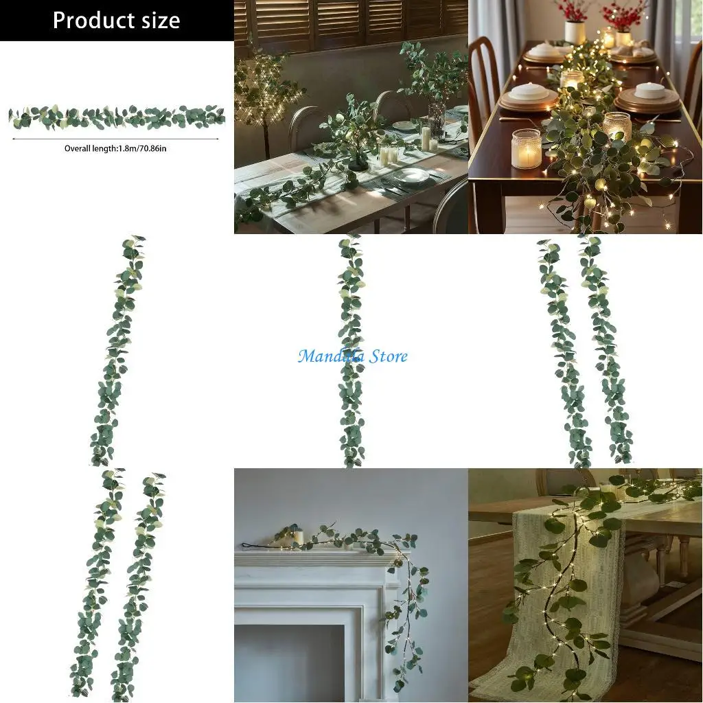 

U2JC Realistic Plastic Eucalyptuses Vine Garlands With Warm White Fairies Lights For Holiday Mantels Staircase Table Decors