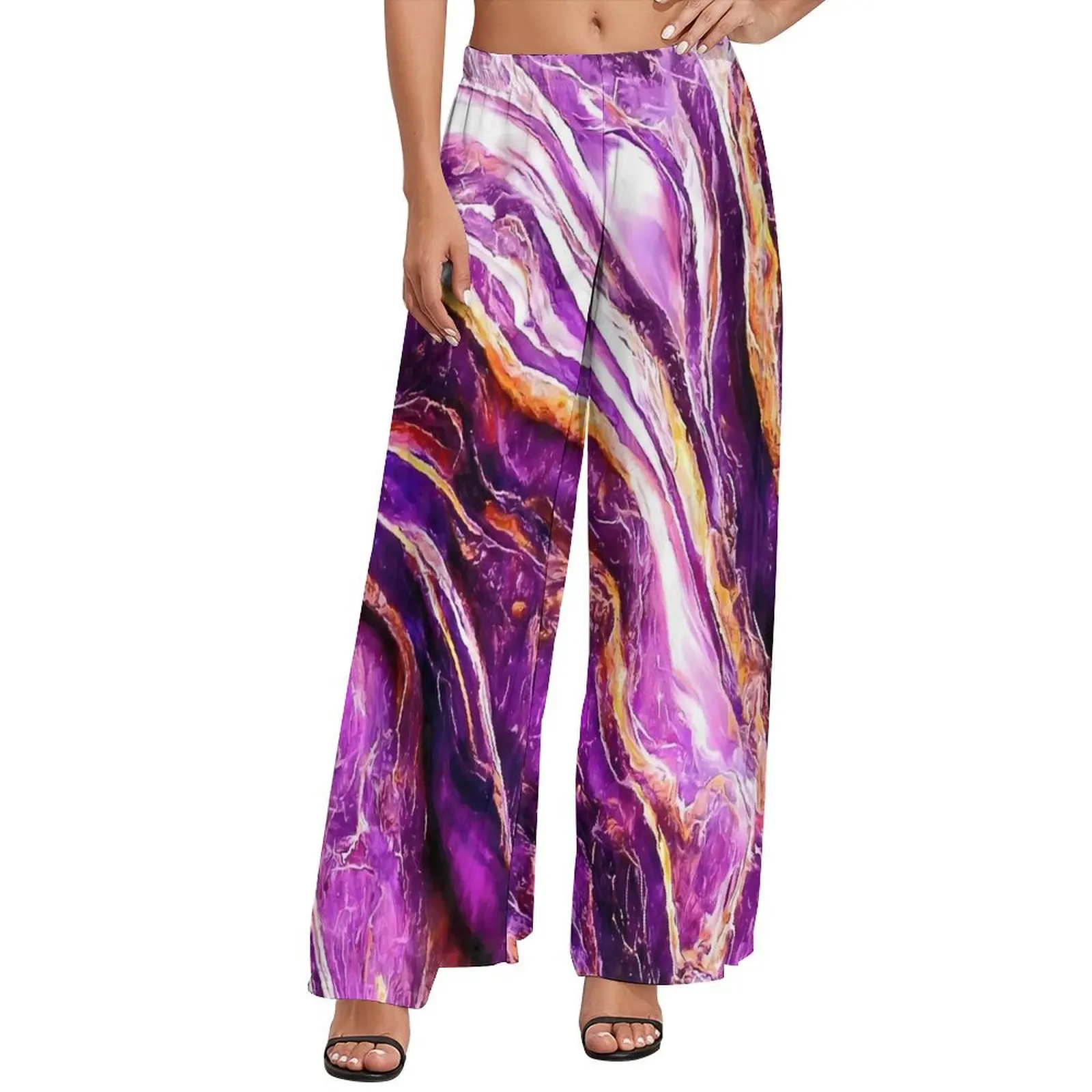 

Purple And Gold Marble Print Pants Woman Korean Fashion Trousers Elastic Waist Kawaii Wide Pants Gift