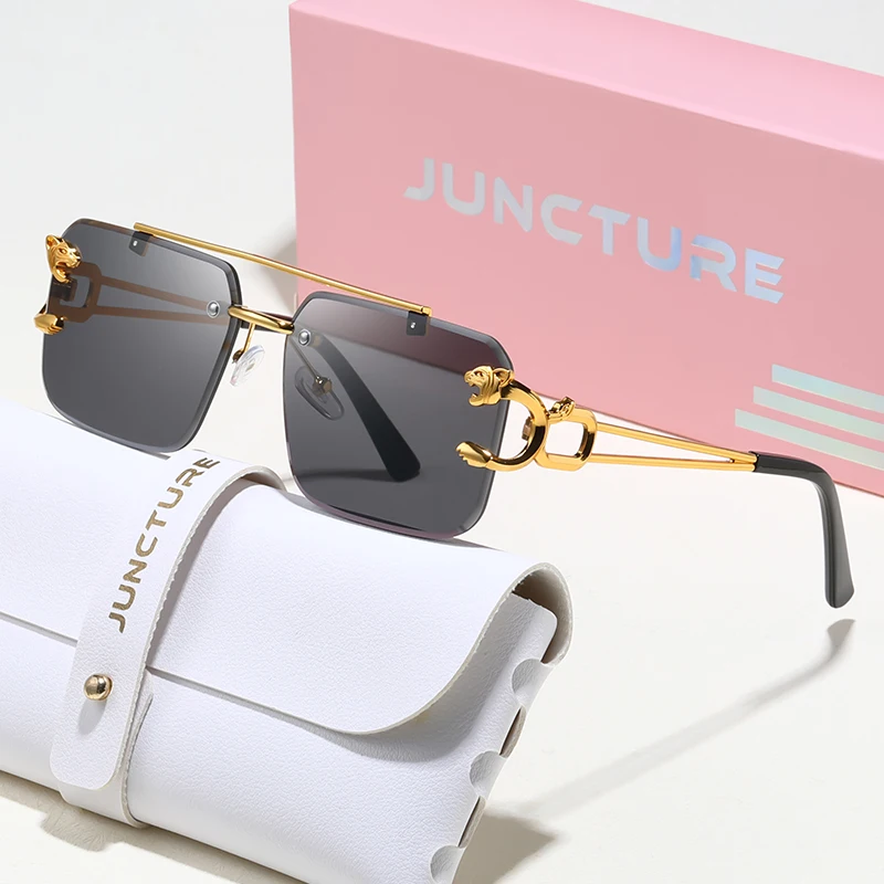JUNCTURE Mode Metall Leopard Randlose Sonnenbrille Doppel Brücken Gradienten Ozean Objektiv Männer Strand Freizeit Urlaub UV400 Shades
