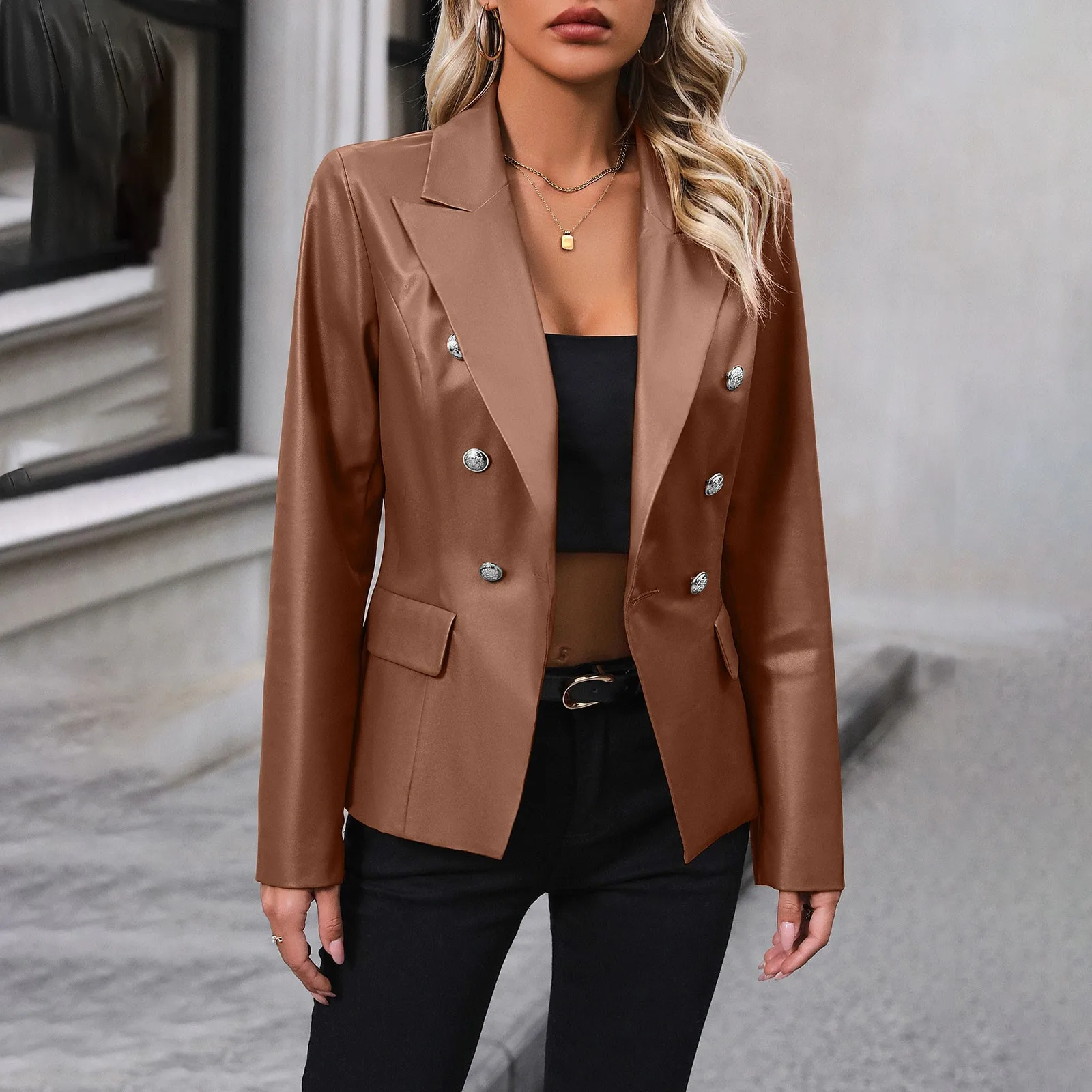 Chaqueta de cuero PU para mujer, Blazer fino con botones, abrigo Vintage de manga larga, abrigo informal con cuello de solapa, trabajo sólidas exteriores de prendas de vestir, otoño, 2024