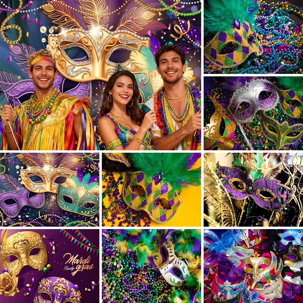 

Carnival Masks Samba Dance Decorative Background Purple Green Gold Sparkling Glamorous Adult Portrait Photography Backdrop Props