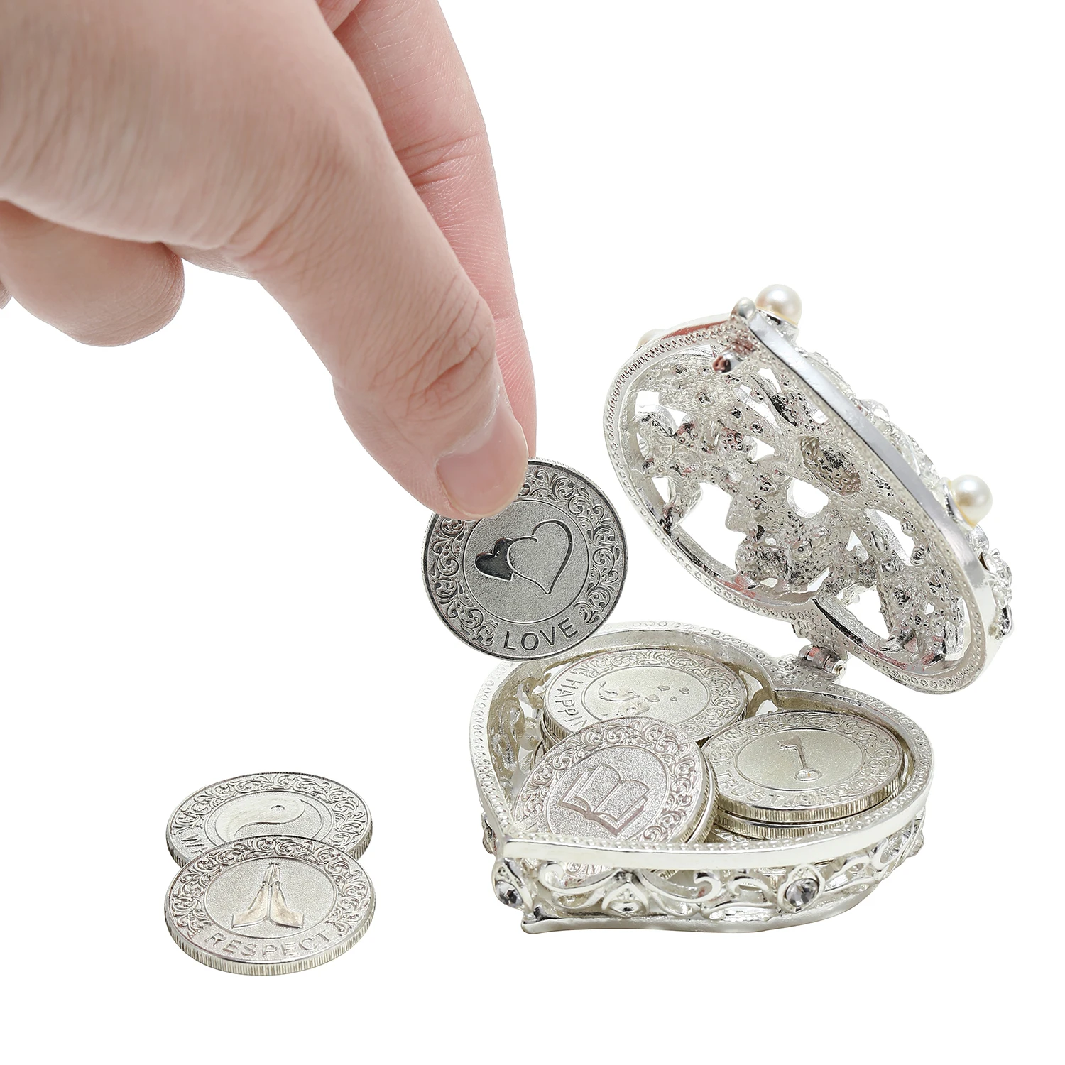 13pcs English Silver Plated Wedding Unity Coins Set Arras De Boda With Heart Shaped Box Ceremony Souvenirs Bride Favors Gift