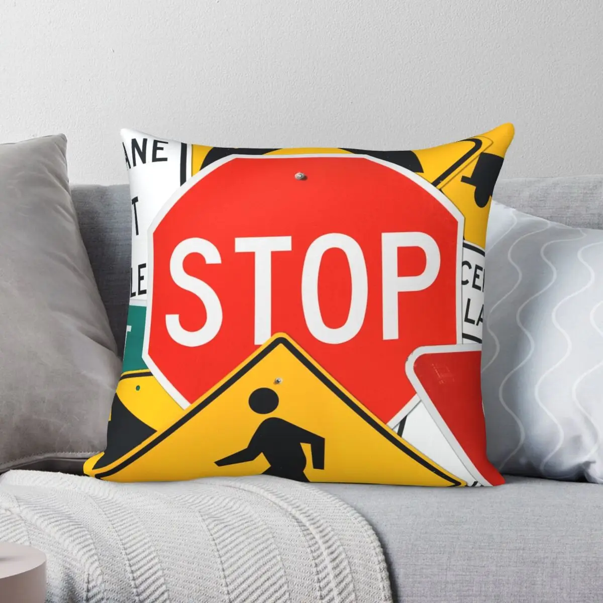 Signs Stop Square Pillowcase Polyester Linen Velvet Printed Zip Decor Pillow Case Sofa Cushion Cover 18