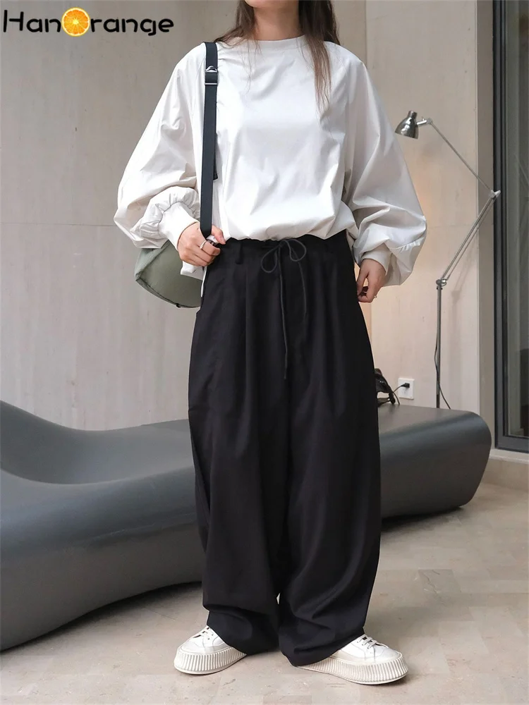 HanOrange 2024 Autumn Fashion Stripe Casual Pants with Drawstring Women Drop Wide Legs Trousers Black/Gray