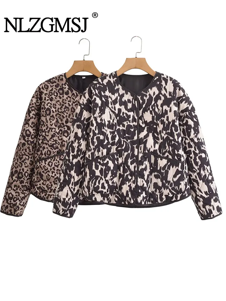 TRAF 2024 Autumn Retro Leopard Print Pockets Coats For Women Fashion Casual Long Sleeve Bomber Jacket Female Chic Outerwear