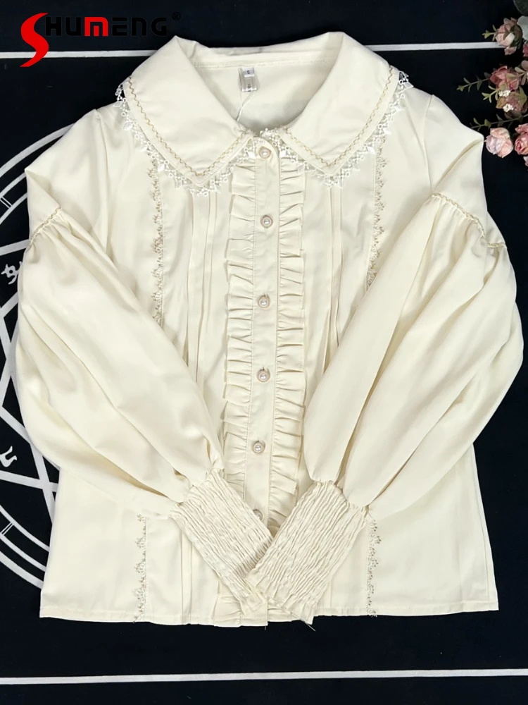 Original Retro Lolita Inner Shirt Lace Stitching Ruffles Doll Collar Long Sleeve Single-Breasted Women's Shirt Top Summer 2024