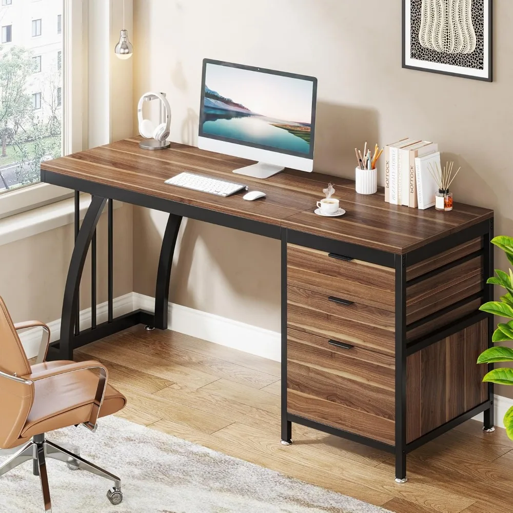 Computer Desk with 3 Drawers, 59-Inch PC Desk with Reversible Drawers, Industrial Study Writing Table Workstation
