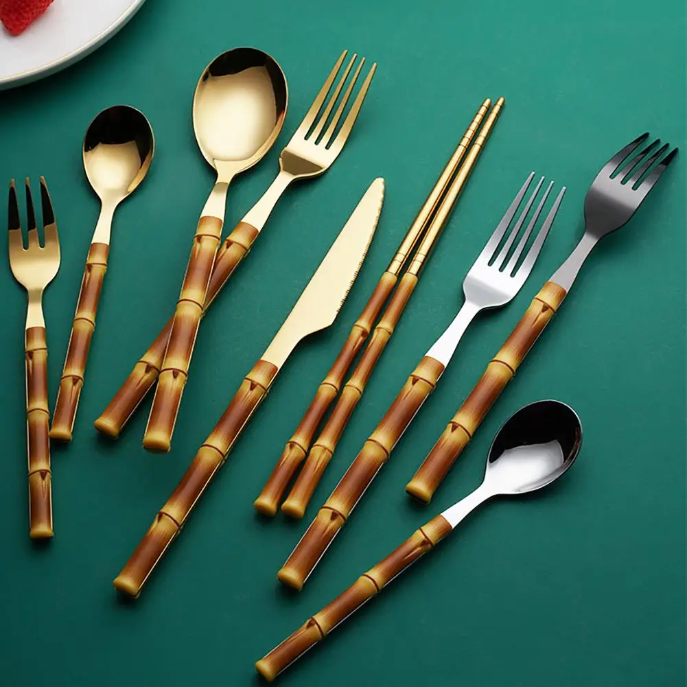 Food Cutlery Mirror Process Bamboo Tableware Stainless Steel Hotel Western Cuisine Cutlery Spoon for Dining Room Cubiertos