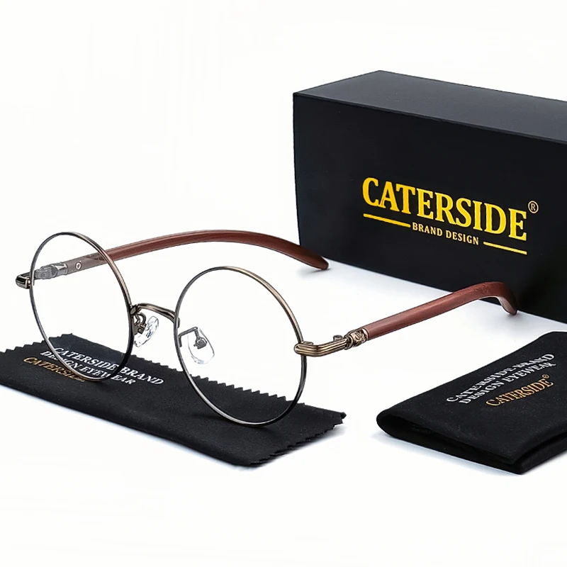 CATERSIDE Retro Runde Anti-Blaulicht-Brille für Herren, Holzmaserung, Metallrahmen, Damenbrille mit flachem Rahmen, hochwertige Brillen – Detail 7