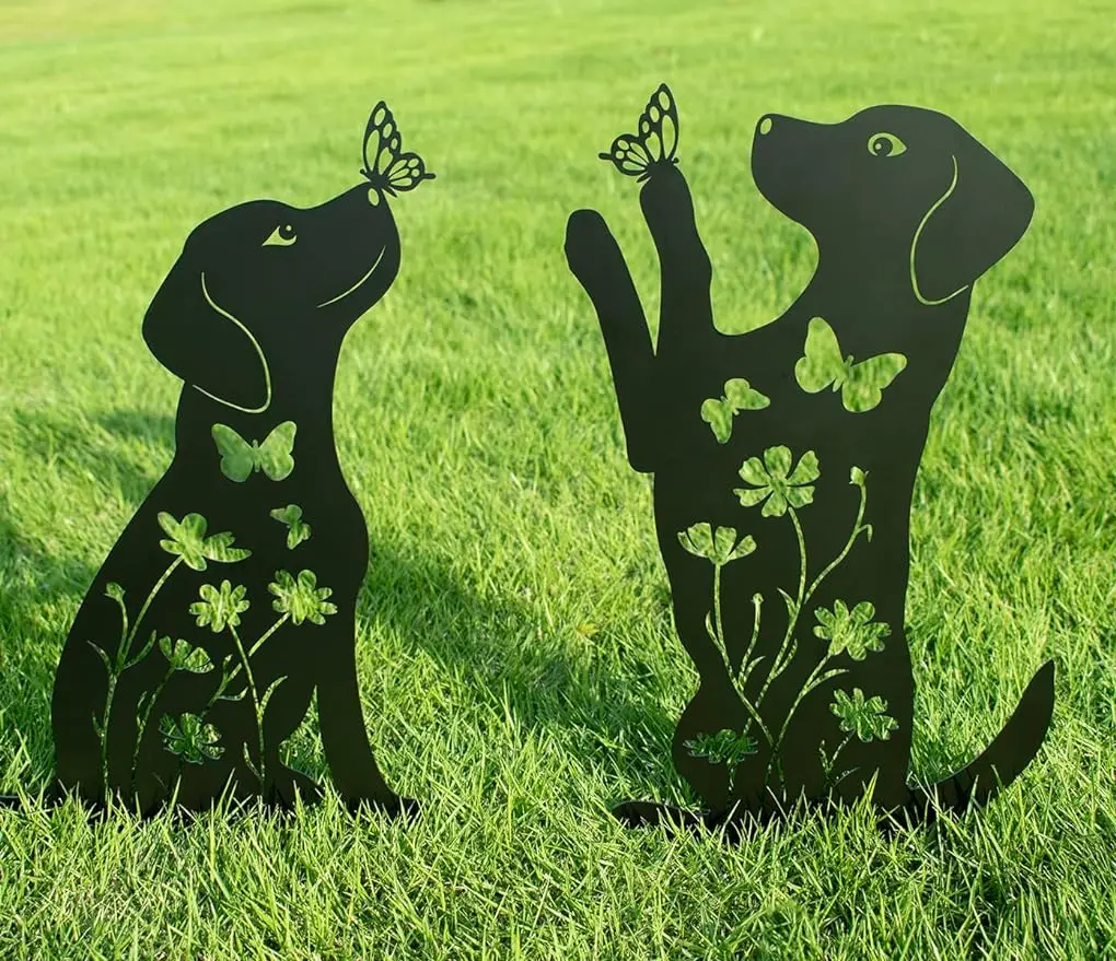 

2Pcs Metal Dog Garden Decor Outside Puppy Decorative Garden Stakes rabbit Silhouette Outdoor Decor Yard Art Decor Dog Lovers