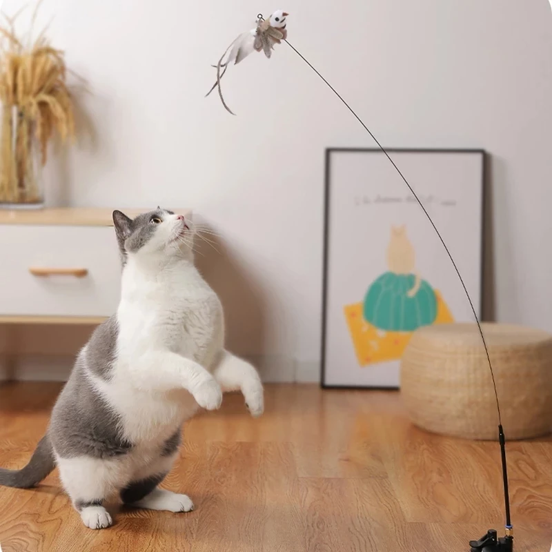 Furry Feather Bird Cat Toy Simulation Bird With Bell Sucker Cat Stick Toy Kitten Interactive ChasingTeaser Wand Toy Cat Supplies