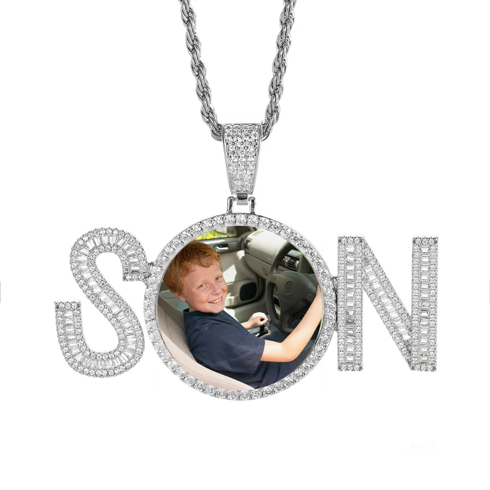 

Drop Shipping Thanksgiving Day Jewelry Custom Engraved Name 18K Gold Plated CZ Diamond SON/MOM Charm Photo Pendant