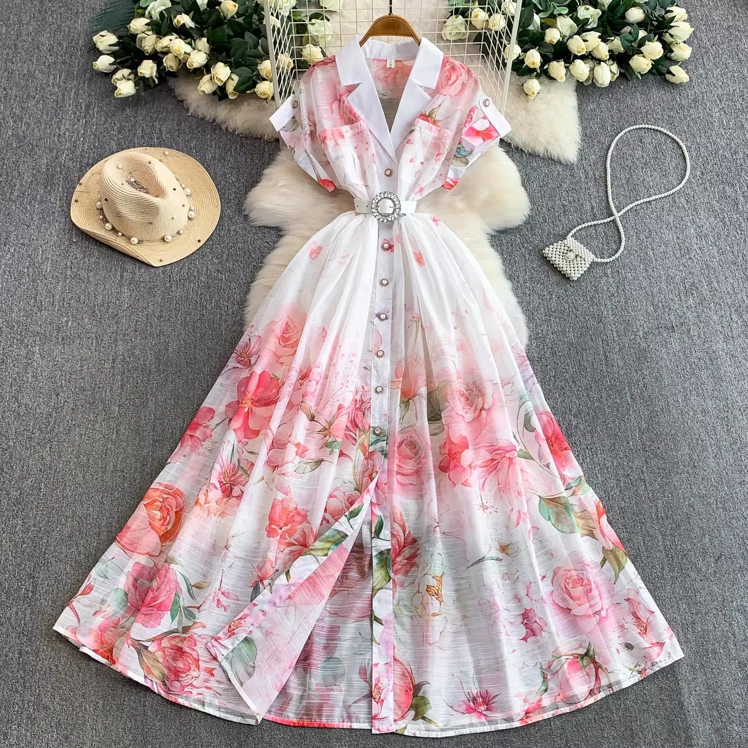 

Summer Holiday Beach Dress Women's Notched Collar Sleeveless Single Breasted Floral Print Beaded Belt Long Boho Party Vestidos