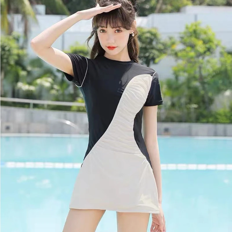 Women Swimsuit 2023 New One-piece Swimming Suit Short Sleeve Skirt Conservative Hot Spring Sports Large Solid Beach Wear