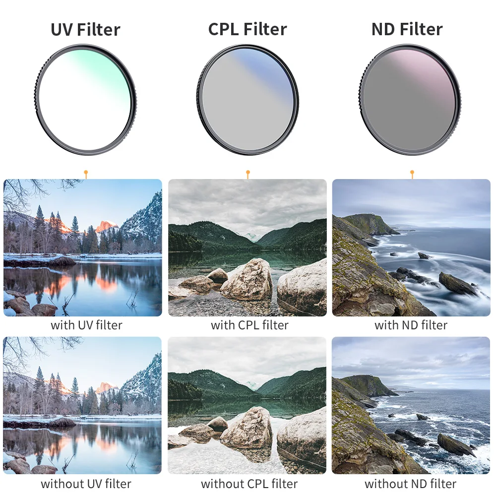 K&F Concept Filter Kit ND4 MCUV CPL（3Pcs）Neutral Density Polarizer UV Filter Set With Cleaning Cloth And Filter Bag 37mm-82mm