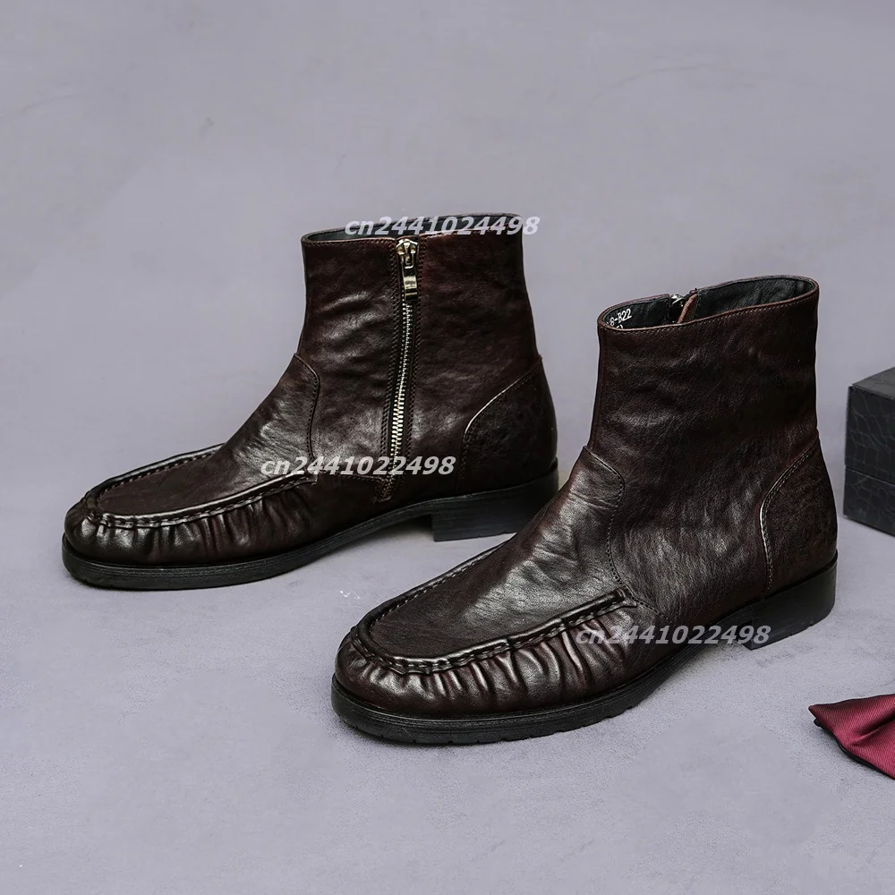 Men's Vintage Wrinkled Leather Ankle Boots Side Zip Square Toe Pleated Front Dress Boots, Low Heel Non Slip Rubber Sole Shoes