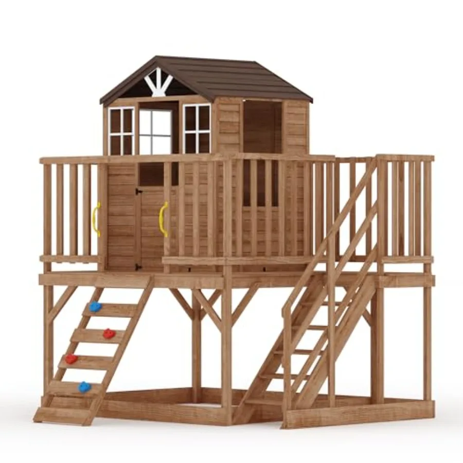 

2 Story Wooden Playhouse with Climbing Wall Outdoor Elevated Modern Cedar Playhouse Step Ladder Red