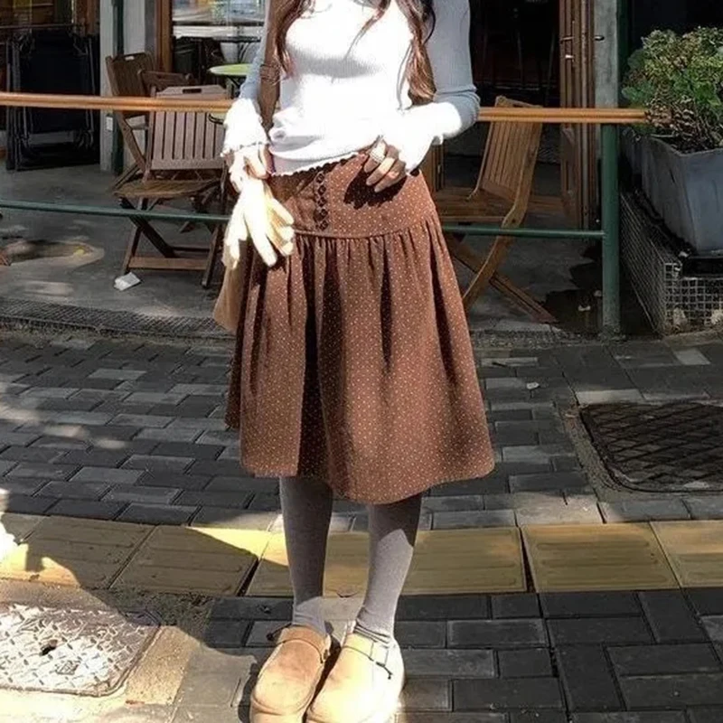 Corduroy Polka Dots Midi Skirt Women Vintage High Waist Button Fall Winter Skirts Harajuku A Line All Match Casual Retro Skirt