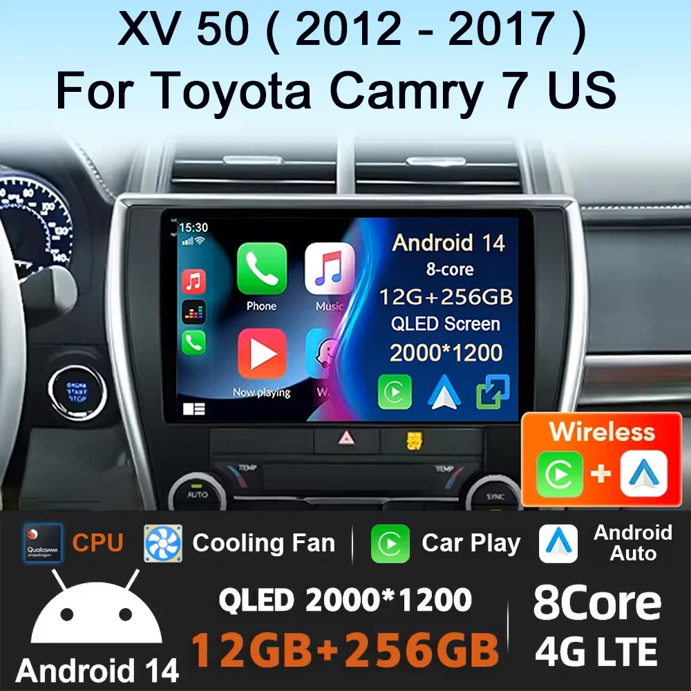 12G+256G Car Radio Android 14 Auto For Toyota Camry 7 XV 50 55 US Version 2012-2017 Carplay Multimedia Player Stereo GPS DSP Din