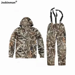 Jeskinman Outdoor Autumn Bionic Camouflage Bird Watching Hunting Fishing Hooded Jacket Pants Wind Waterproof  Reed Camo Suit