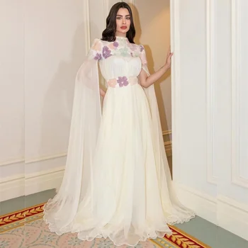 Robe de cocktail froncée en mousseline de soie, personnalisée, perles de fleurs, ligne A, col haut, sur mesure, robes longues pour occasions