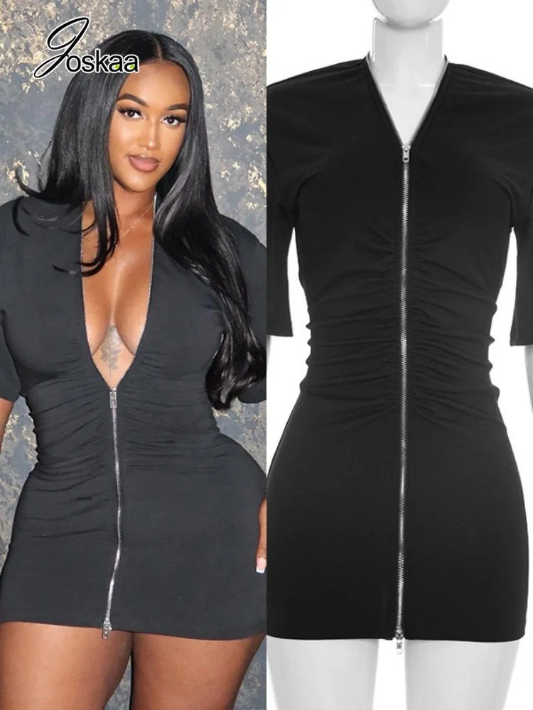 Joskaa – robe mini froncée sexy à fermeture éclair intégrale pour femme, tendance estivale, manches courtes, col en v, robe moulante, tenue de soirée, clubwear, streetwear de vacances