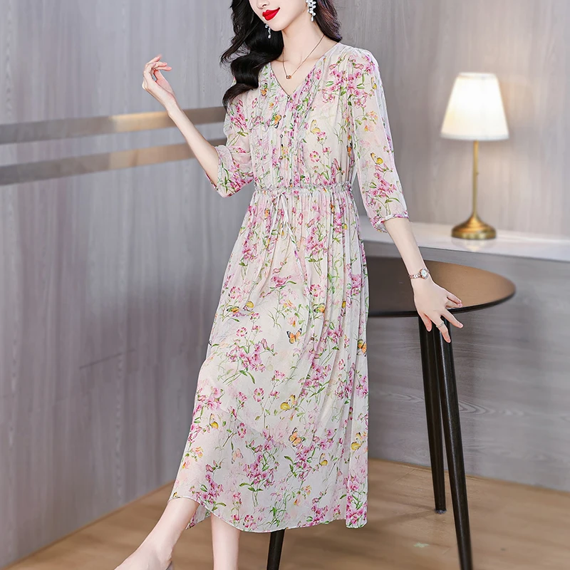 2024 New Women's Printed Silk Dress Large Loose Drawstring V-Neck Fragmented Flower Over Knee Dress Casual Elegant Party Dress