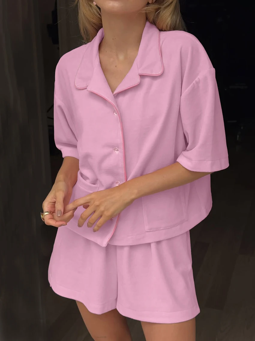 

Marthaqiqi Winter Ladies Nightwear Suit Turn-Down Collar Sleepwear Half Sleeve Pajamas Shorts Casual Home Clothes Female Knitted