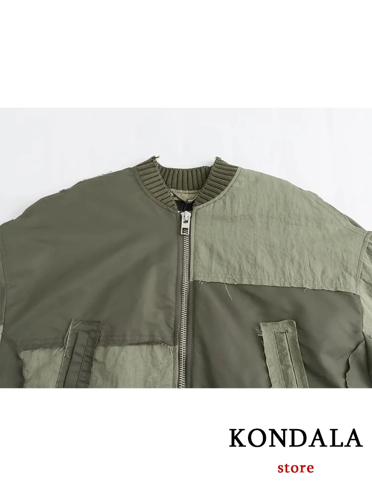 KONDALA Streetwear Armygreen Bomber Jackets Women Patchwork Zipper Pockets Oversized Jackets Fashion 2023 Autumn Winter Coats