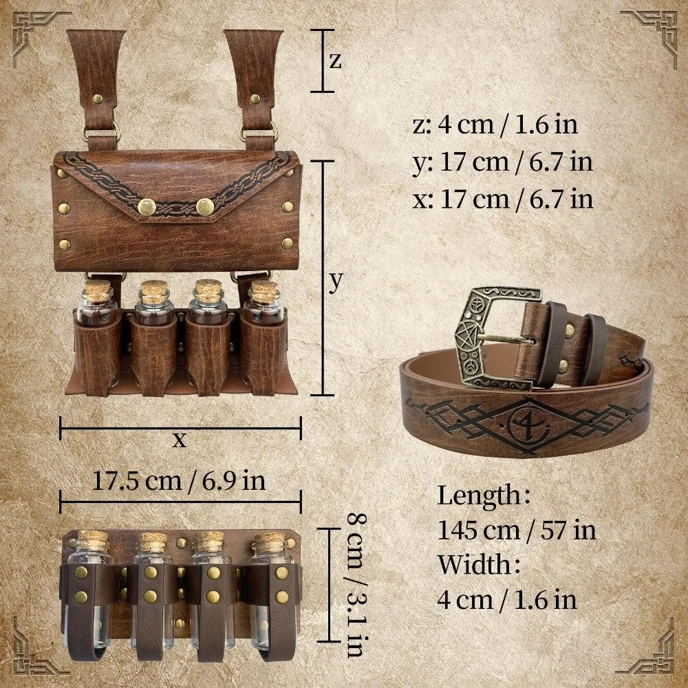 2/3/4-teiliges geprägtes mittelalterliches Zauberer-Cosplay-Set, Vintage-Fantasy-Mittelalter-Lederanhänger, Ritter mit Trankflaschen – Detail 1
