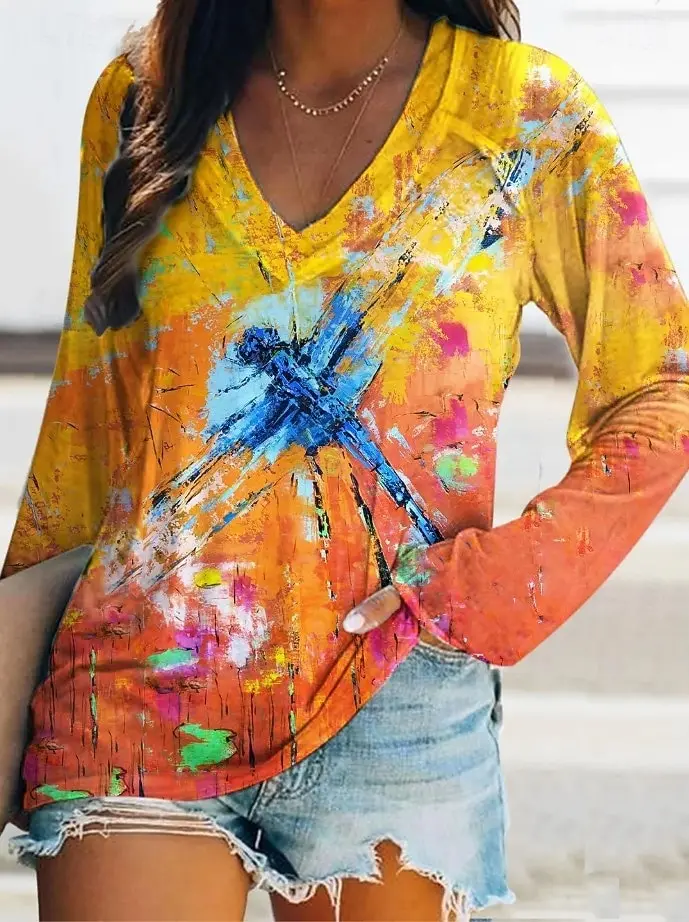 

2025 Women's T-Shirt Graphic Animal Dragonfly Elegant Fashion Tees Long Sleeve T-shirts V-Neck Regular Tops Pullover Fall Winter